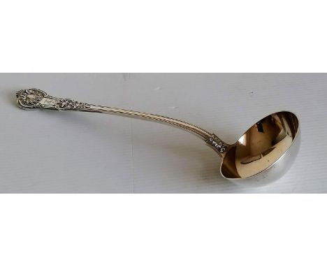 A Victorian silver soup ladle in King's pattern, crested, by Chawner &amp; Co., London, 1848, 34 cm, 301g