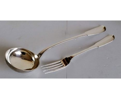 A late Georgian silver Hanoverian soup ladle, initialled, 38 cm and a similar carving fork, crested, 30 cm, both with French 