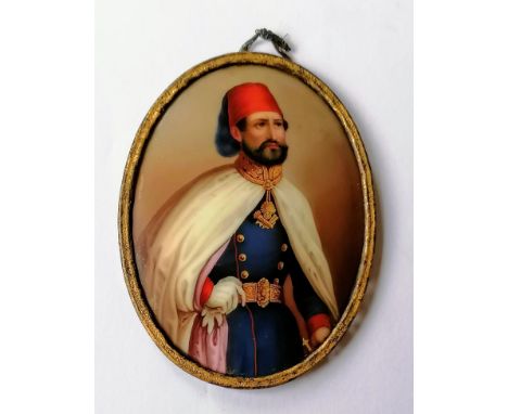 A 19th century oval miniature portrait of Omar Pasha, Commander of the Imperial Ottoman Company, oil on porcelain, signed ver