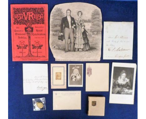 Ephemera Royalty, 19thC, comprising 11 items to include an 1897 Diamond Jubilee Local Celebration programme for Lancaster, 2 