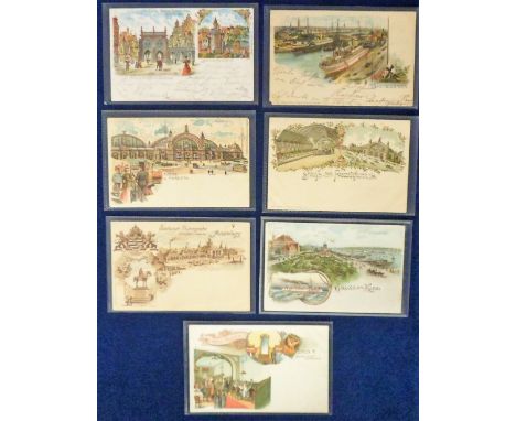 Postcards, a good German Gruss Aus chromo selection of 7 cards, inc. cut out Hold to Light of Kiel showing harbour and yacht 