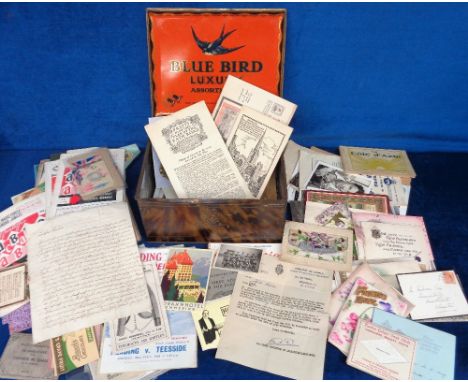 Ephemera, Blue Bird Toffee tin containing a selection of 130+ items to include Royal Berkshire Regt. Embroidered handkerchief