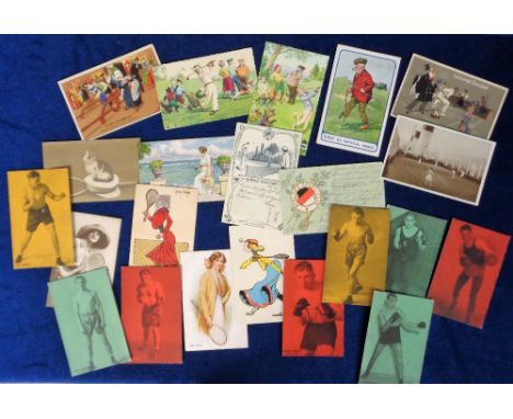 Postcards, Sport, a mix of approx. 22 cards with early illustrated bowling card illustrated by Bailie, anthropomorphic cats p