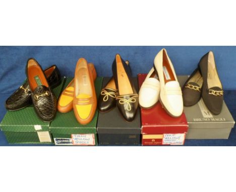 Designer Shoes, 5 pairs of boxed ladies shoes to comprise Gucci black leather loafers size 37 lightly worn, Gucci tan and yel