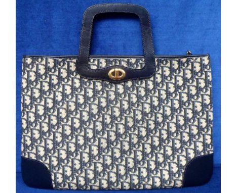 Christian Dior, fabric and navy leather tote bag with very slight wear (vg)