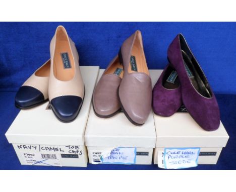 Cole Haan, 3 pairs of ladies slip on shoes to comprise purple suede with gold trim USA size 7 unworn, navy and camel leather 