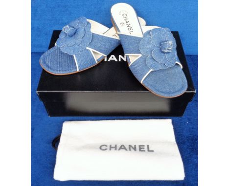 Chanel boxed denim ladies sandals size 37 with very light wear (vg)