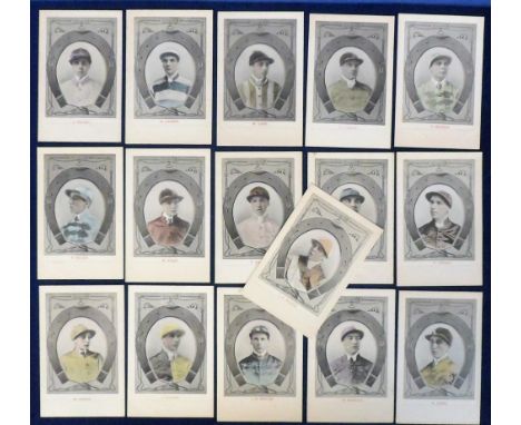 Postcards, Horse Racing, Jockeys portraits, 16 hand tinted cards inc. H. Jones, Randall, J. Martin, Dalton, Griggs, Loates, M