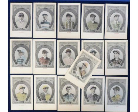 Postcards, Horse Racing, Jockeys portraits, 16 hand tinted cards inc. H. Jones, Randall, J. Martin, Dalton, Griggs, Loates, M