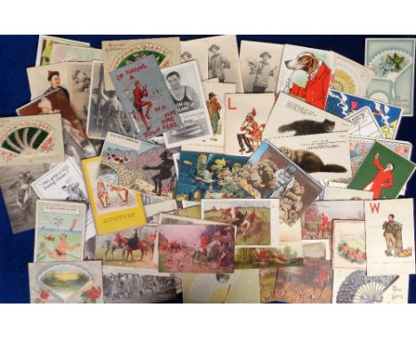 Postcards, a mixed subject collection of approx. 81 cards inc. decorative fans (mostly greetings cards), The Devil, diving (R