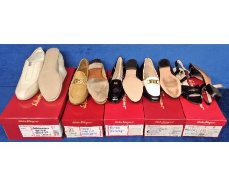Salvatore Ferragamo, 5 pairs of boxed shoes to comprise beige and cream suede and leather trainers size USA 7 unworn, camel s