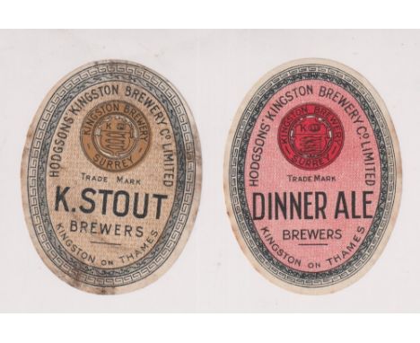 Beer labels, Hodgson's' Kingston Brewery, 2 vertical ovals, Dinner Ale, approx. 84mm high (gd) &amp; K Stout, vertical oval a
