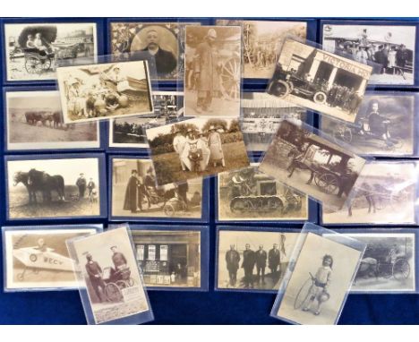 Postcards, Social History, a mixed collection of 23 RPs, inc. Off Licence shop front, tractor, bath chair, round the world wa