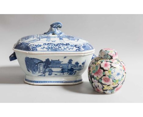 A Chinese Porcelain Tureen and Cover, 18th century, of canted rectangular form with moulded rabbit mask handles and painted i