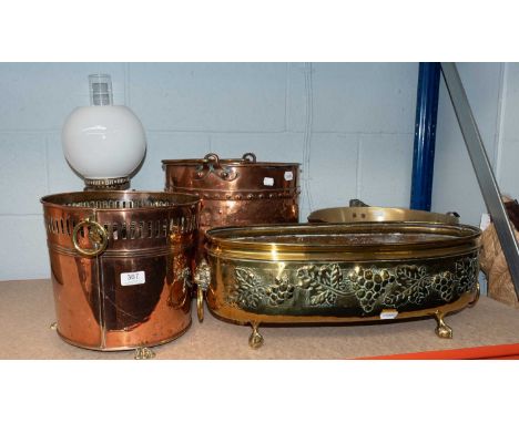 Two Victorian Copper Coal Buckets, a similar brass planter with lion masks and a brass jam pan