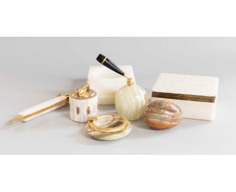 A Quantity of Various Onyx Desk Items, including table lighters, cigarette boxes, silver mounted dishes, cigar cutter etc (on