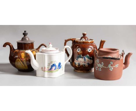 A Doulton Burslem "Darby &amp; Joan" Royles Patent Teapot, together with a New Hall silver shaped teapot, a Measham example a