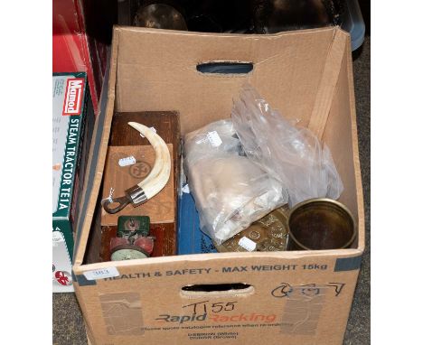 Miscellaneous: Photgraphic Postcard Album, porcelain head, doll, trench art, alms? dish, wood workers chisels, scientific ins