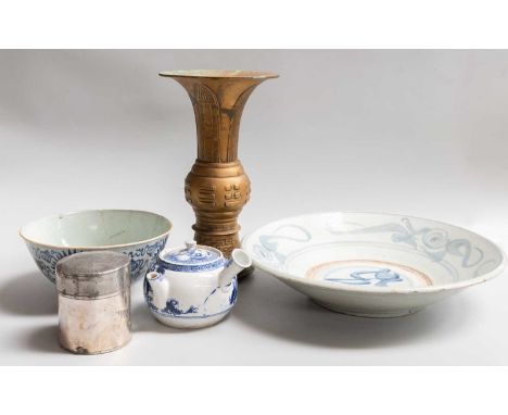 A Collection of Asian Art, including; a Chinese archaic style gu shaped beaker vase, Chenghua reign mark, Swatow tea canister