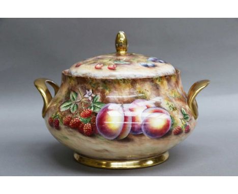 A Porcelain Tureen and Cover, by David Bowkett, ex Royal Worcester Artist, circa 1979, of cushion circular form with loop han