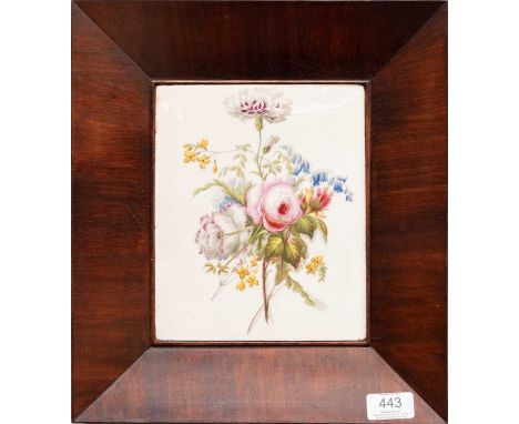 A Regency Porcelain Plaque, circa 1830, painted with a rose, carnation and other flowers, 21cm by 17.5cm in rosewood frameNot