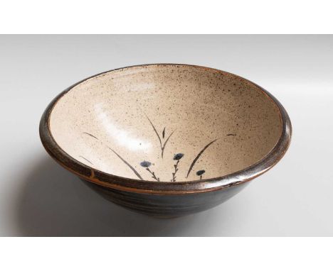 A Leach Pottery St Ives Stoneware Bowl, decorated with flowers to the well, glaze, impressed St Ives seal mark, 30cm diameter