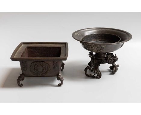 A Chinese Bronze Censer, of square form and on elephant mask bracket feet, character marks, 14.5cm square, together with a si