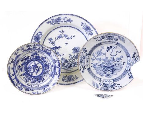 A Chinese Porcelain Charger, Qianlong, painted in underglaze blue with a magpie perched on a blossoming tree, with a further 