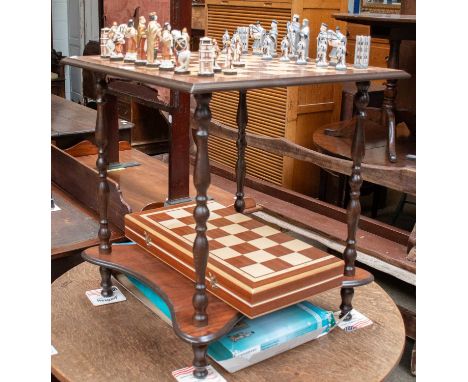 A Modern Figural Chess Set and Board, together with a similar games board top table with shelf stretcher, 59cm square by 63cm
