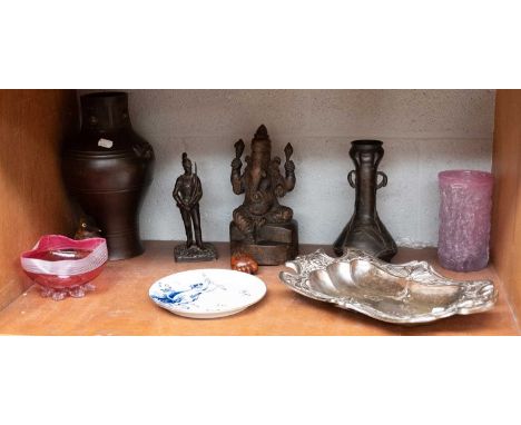 A Chinese Bronze Vase, in archaic style, together with a Japanese bronze vase, cast iron soldier, Indian carved wooden statue