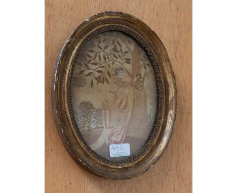An 18th Century Silk Needlework Picture, depicting a lady stood beside a tree, in oval gilt frame, 23cm by 16.5cm