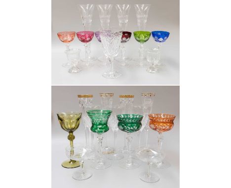 A Collection of Stemmed Crystal and Glassware, including a pair of Moser champagne flutes with gilt rims, three Edinburgh red