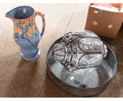 A Dinner Gong, a wrought metal and glass lantern form pendant light, and a Carlton ware jug (3)