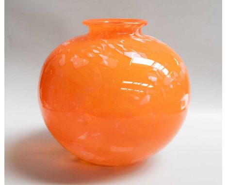 A Studio Glass Vase, probably Daum, of globular form, orange ground and with white inclusion, 27cm highNo chips or cracks. So