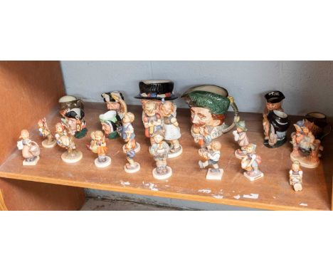 A Collection of Goebel M.J. Hummel Figures, together with a collection of Royal Doulton character jugs (one shelf)