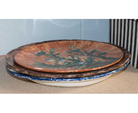 A Studio Pottery Charger, 19th century, painted with a still life study, signed to the reverse Harriet Chetwynd, 1878; togeth
