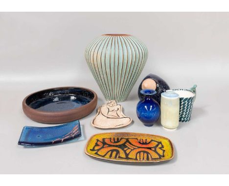 Studio Pottery, including Emily Myers reeded ovoid vase, with verdigris ground, 12cm high, a Liv &amp; Dom figural dish, Vann