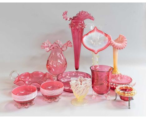A Collection of Victorian and Later Glass, predominantly cranberry glass, including two Vaseline tinted "Jack in the Pulpit" 