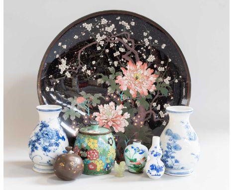 A Tray of Mainly Japanese Art, including a cloisonne dish decorated with peonies and blossom, other cloisonne pieces, a minia