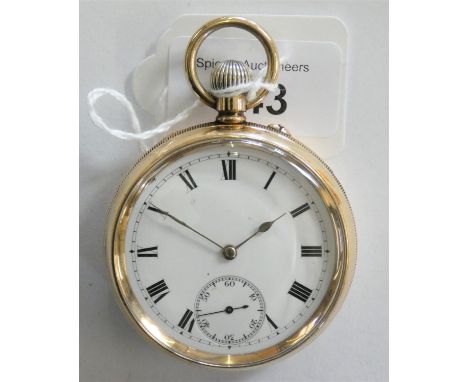 A 14ct gold filled open face keyless wind pocket watch, white enamel dial. 