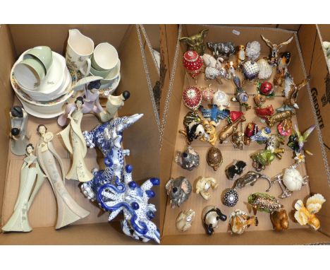 A collection of appoximately 50 enameled trinket boxes in various forms, together with a ceramic ornamental dragon, Gleneagle