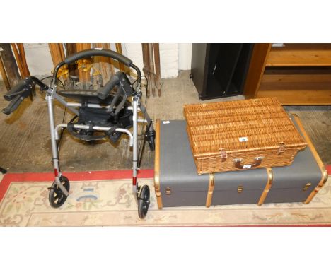A wicker picnic hamper together with a travelling trunk and walking aid (3) 