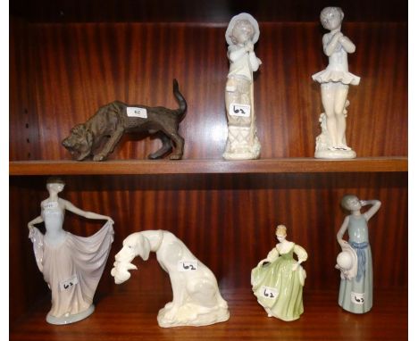 Royal Doulton figurine 'Fair Lady', together with Lladro figurines, Nao figurines and a cast metal model of a dog (7). 