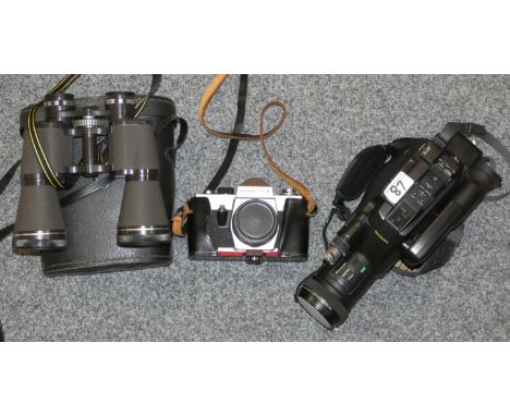 A pair of Miranda 16 x 50 binoculars in case together eith Panasonic video recorder and a Praktiea Pentacon camera. 