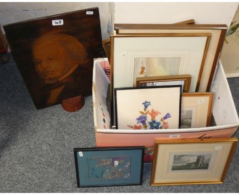 A box of prints, oil, watercolour, embroidery together with wooden screen etched with portrait of a gentleman and 2 oriental 