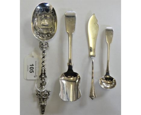 A Victorian Scottish silver fiddle pattern sugar spoon, Edinburgh 1838, a Dutch silver spoon, a mustard spoon and a butter kn