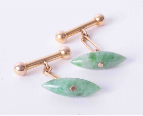 A pair of 14ct yellow gold and marquise shaped jade cufflinks.