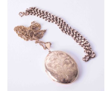 A large 9ct yellow gold engraved oval locket with chain and a 9ct yellow gold open link chain, total weight 37.6g