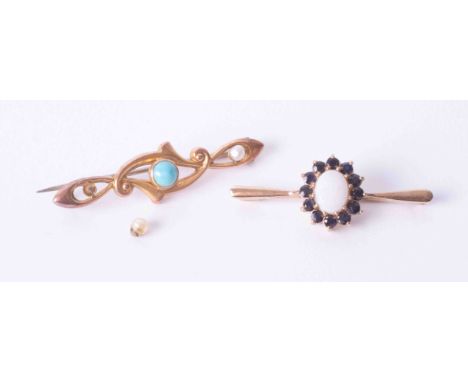 Two 9ct yellow gold brooches, one set turquoise &amp; seed pearls (one loose) and one cluster style with opal and dark blue s