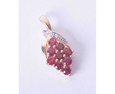 A 9ct yellow gold marquise shaped diamond and ruby set pendant, 2.20g, total length 28mm.